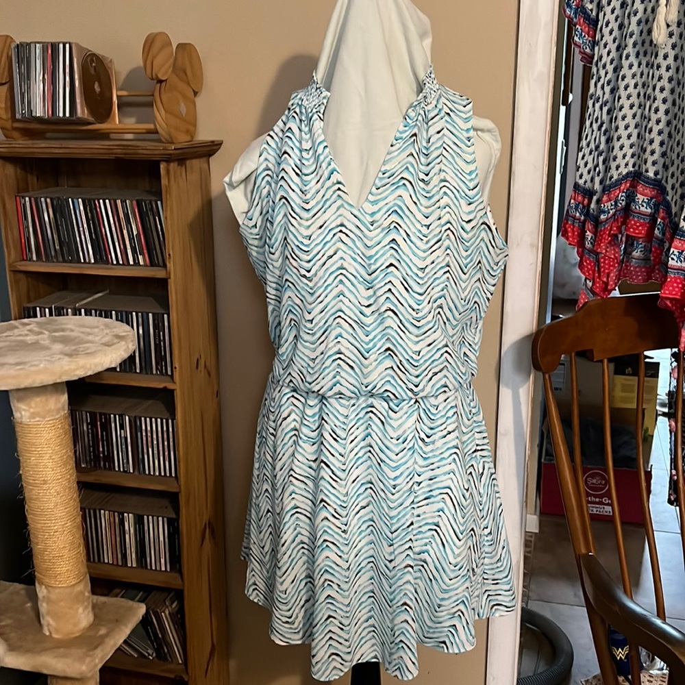 White House Black Market sleeveless dress, Size M; blue, teal, gold waves